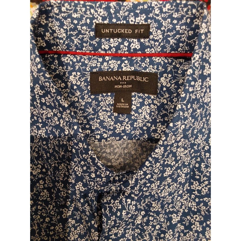 BANANA REPUBLIC Dk Blue White Floral Men's Shirt Large Untucked Cotton
